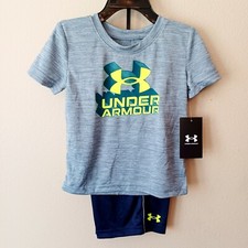 Under Armour Boys Block Logo T-Shirt  Shorts Set-24M-Gray-Navy Blue