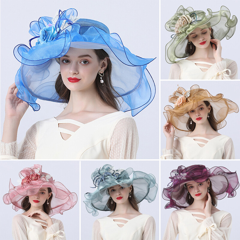 Women Hat Organza Church Dress Wide Brim Bridal Floral Cap  display picture 2