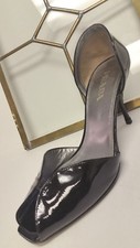 Prada Women's SZ 37 6.5 Black Patent Leather Peep Toe Stilleto High Heel Pump