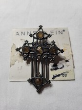 Vtg Signed AK Anne Klein Cross Black Metal Brooch Pin