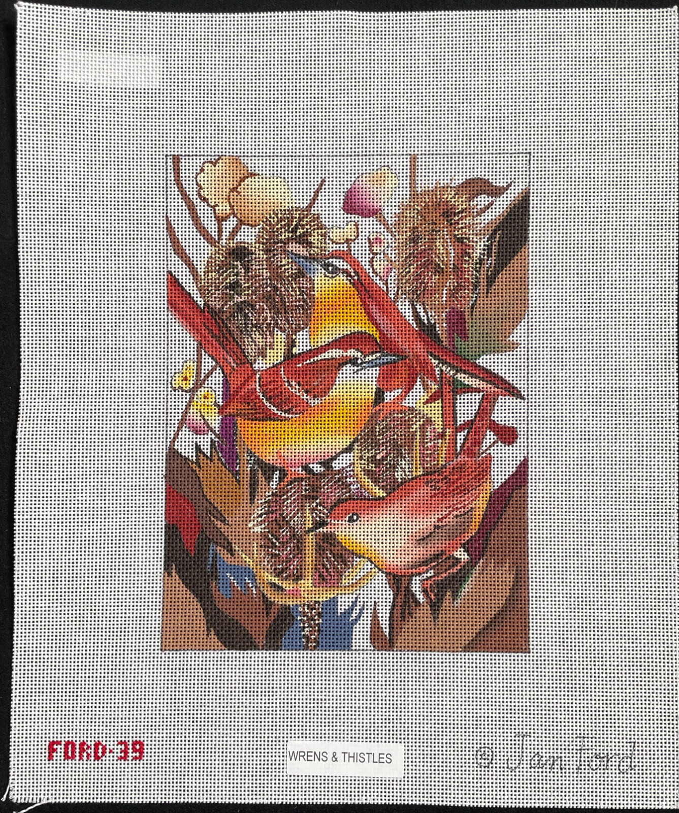 3xHP Needlepoint 18ct JAN FORD Birds Wrens, Woodpecker, & Indigo