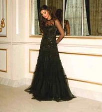 Long Sleeves Black Tulle Evening Dresses Lace Pearl Round Neck Floor Length