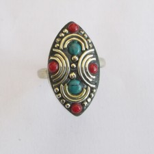 Tibetan Silver Turquoise Red Coral Original Jewelry Adjustable Unisex Ring R27
