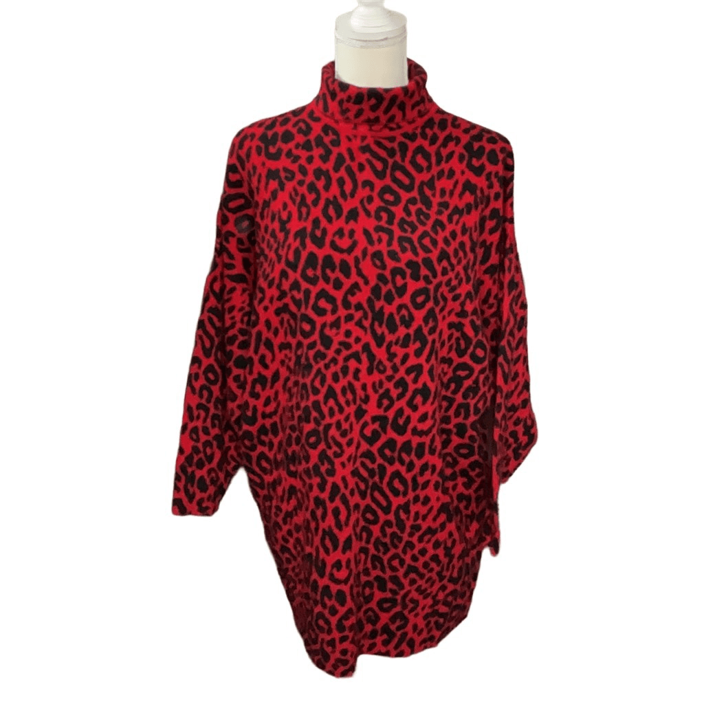 Motel Red Black Animal Print Turtleneck 3/4 Sleeve Tunic Sweater Size Small