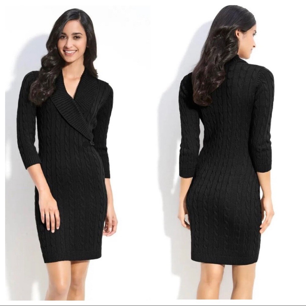 Calvin Klein Black Shawl Collar Knit Sweater Dress Size Medium