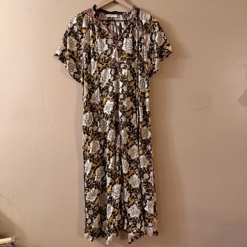 Natural Life Dress Womens Medium Brown Pink Floral Maxi Embroidered Boho Modal