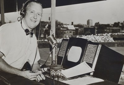 1953 Press Photo Chicago Cubs Broadcaster Jack Brickhouse Wrigley Field PressBox