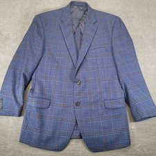 Jos A Bank Mens 44R Blue Windowpane Plaid Wool Blend Blazer Sport Coat