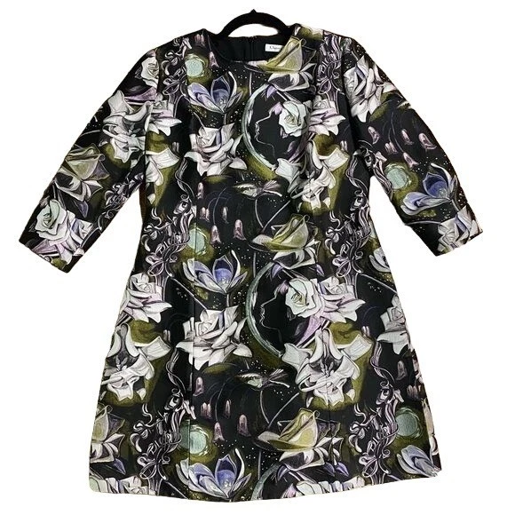 Abito da cocktail Christian Dior floreale aderente e svasato nero