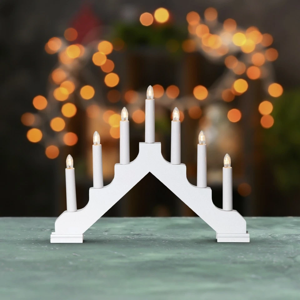 Lichterbogen Weihnachten mit 7 Glühbirnen Fenster Schwibbogen aus Holz in weiß - Bild 4 von 4