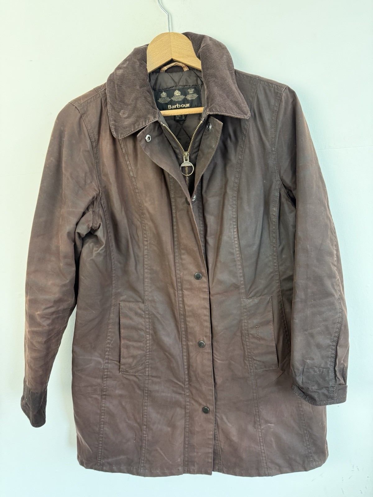 Barbour Belsay Waxed Wax Jacket Womens Coat Brown Long Quilt Lined / UK 12