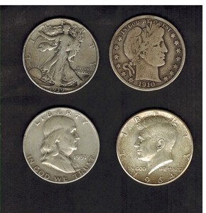4 Half Dollars 90% Silver Barber, Walker, Franklin, 64 Kennedy