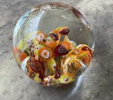 VTG Art Glass Paper Weight ArtMark Japan-Orange-Yellow-RedFlowers MCM Foil Label