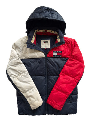 Tommy Hilfiger Jeans Vintage Puffer Jacket Hooded Winter Coat Large Y2K Vintage