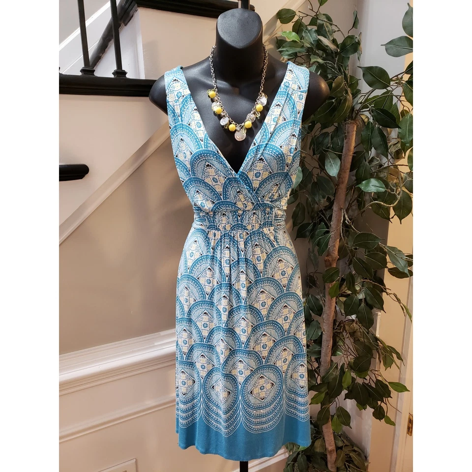 Elle Wrap Dress Womens Small Blue Abstract Cinch Waist Pleated V Neck Foto 2 de 4