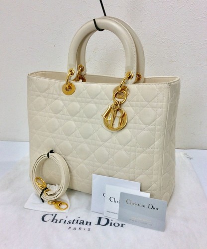 Christian Dior Lady Dior Cannage Hand Bag W/ Strap Ivory Gold Auth Good