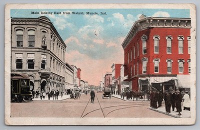 Main Street East From Walnut St Trolley Muncie Indiana IN 1926 Wb Postcard