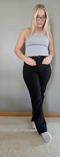 Women's Black High Rise Flared Regular Fit Pants Casual Solid Flat Front