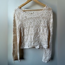 Granny Square Crochet Sweater Festival Boho Cottagecore Neutral Open Knit M