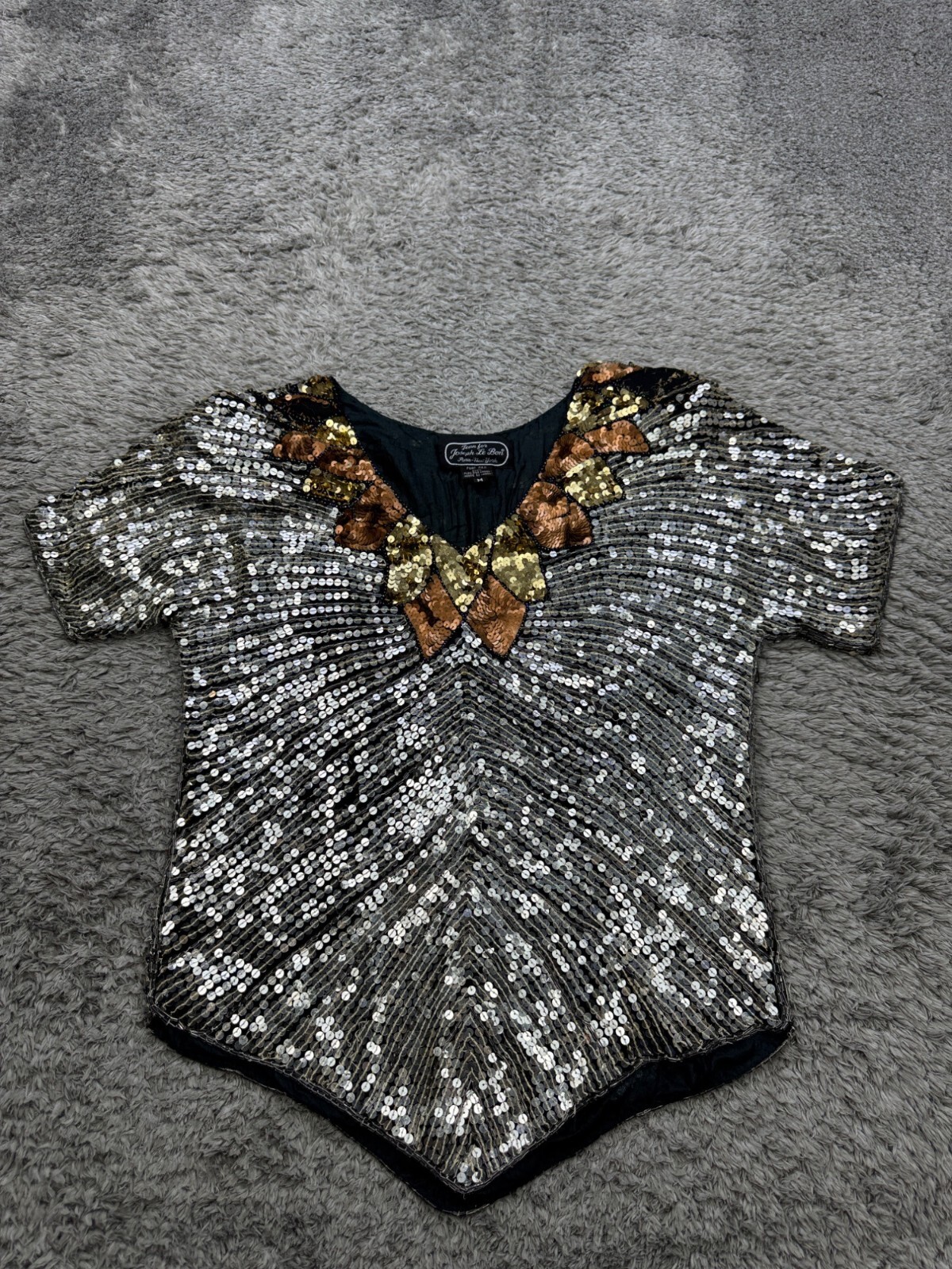 Vtg Jean Jospeh Le Bon Top Women Medium Silk Silver Gold Sequin Beaded Blouse