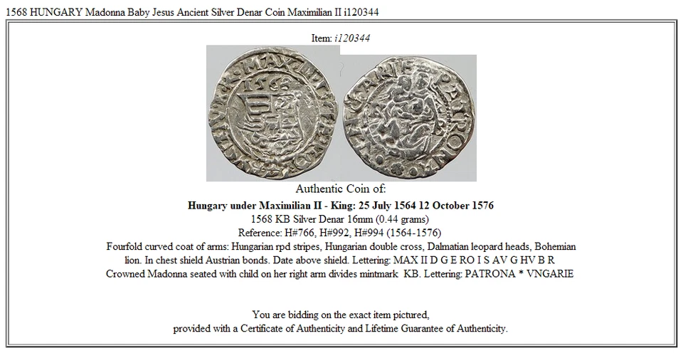 1568 HUNGARY Madonna Baby Jesus Ancient Silver Denar Coin Maximilian II i120344 - Image 3 of 3