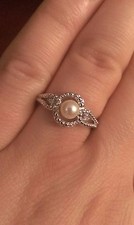 STERLING SILVER FRESHWATER CULTURED PEARL AND DIAMOND RING - SIZE 7
