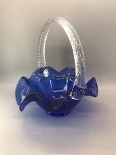 Fenton Art Glass Blue Cobalt Ruffle Basket W/Clear Braided Handle Approx 7" High