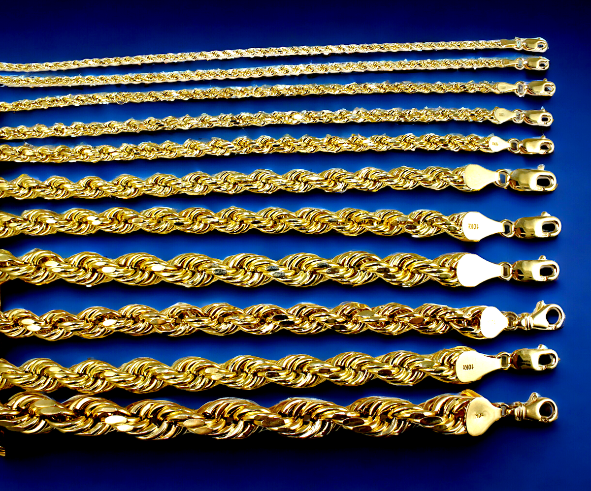 10K Yellow Gold Rope Necklace Chain Diamond Cut Real Gold