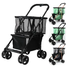 2 in 1 Heavy Duty Folding Shopping Cart w/ Swivel Tires Load 70 lbs Pet Stroller