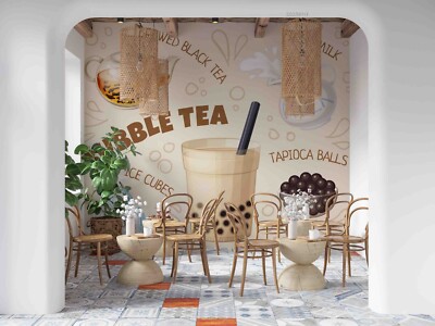 3D Bubble Milk Tea Shop Brown Self-adhesive Removable Wallpaper Murals Wall 20