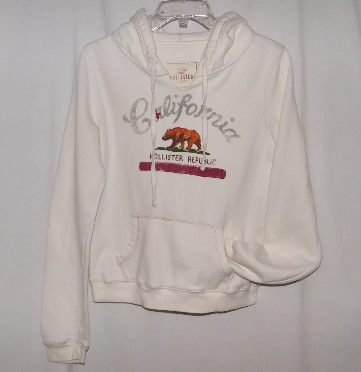 Hollister Pullover Sweatshirt Hoodie Thick Warm Off White w Pocket Large