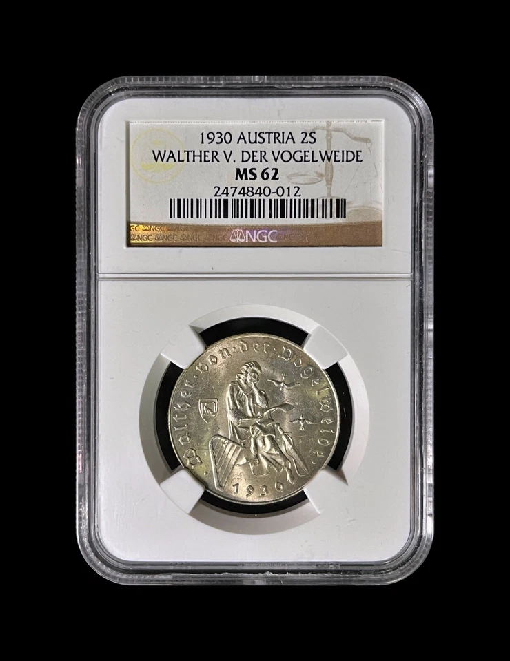 AUSTRIA. 1930, 2 Schilling, Silver - NGC MS62 - Vogelweide - Image 2 of 4