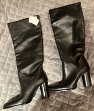 New Zara Black Leather Knee Boots Size 4 Eur 37 Block Heel