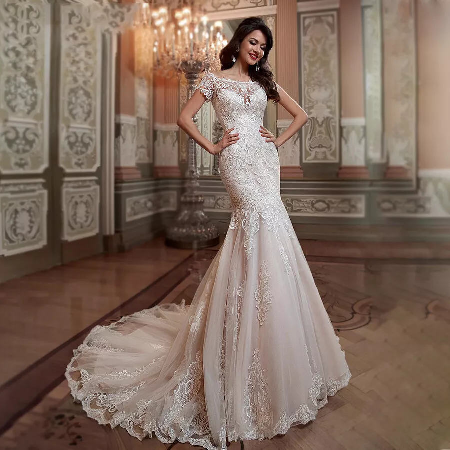 Elegant Wedding Dresses Mermaid Lace Slim line O neck ShortSleeves Bridal Gown