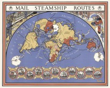 Vintage illustrated World Map Mail Steam Ship routes CANVAS PRINT  24"X16"