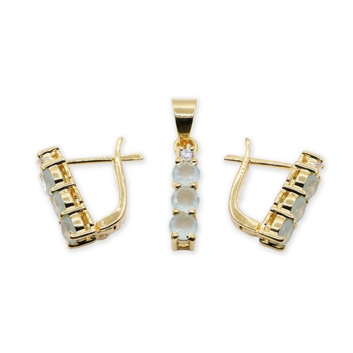 Aqua Chalcedony & CZ Ring Earrings & Pendant Jewelry Set 14k Yellow Gold Plated - Picture 3 of 15