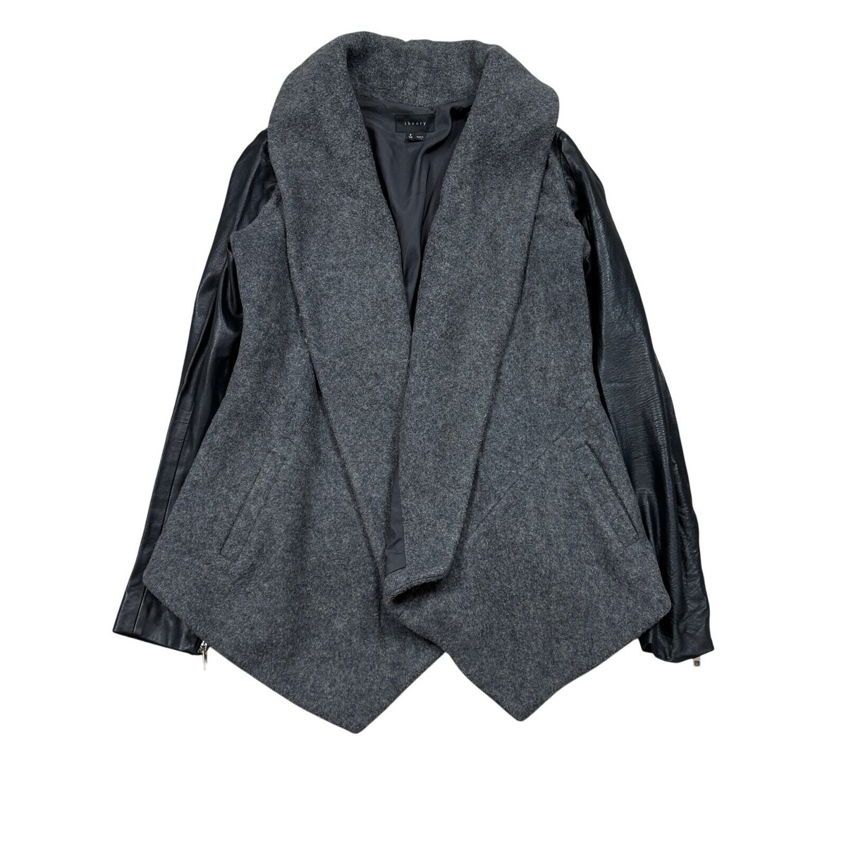 Theory Laura Lamb Leather Sleeve Wool Cashmere Open Cardigan