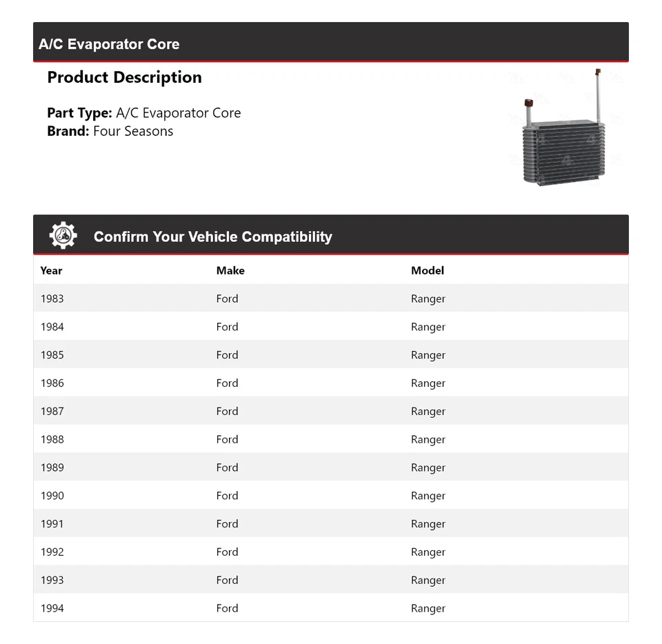 Núcleo evaporador aire acondicionado Ford Ranger 1983-1994 4 estaciones 1984 1985 1986 1987 1988 Foto 2 de 4
