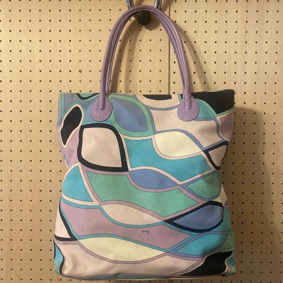 EMILIO PUCCI Tote Pucci Pattern Canvas Leather Purple Blue
