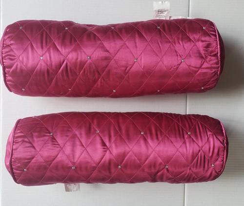 Satin Cranberry Quilted Crystals Cylinder Bolster Pillows Throw Set of 2 - Picture 2 of 5