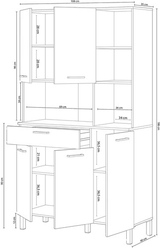 Aparador Alto de Cocina 5 Puertas + Cajon + Estante + Huecos 186 x 108 x 40 cm - Imagen 4 de 4