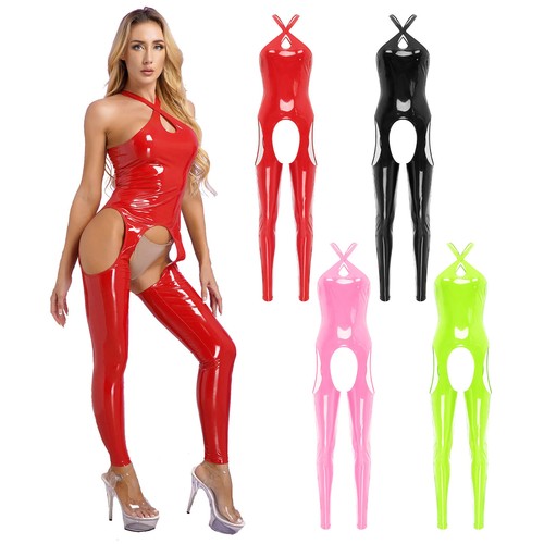 UK Womens Metallic Catsuit Full Bodysuit Sexy Jumpsuit Hollow Out Halter Leotard - Picture 2 of 52