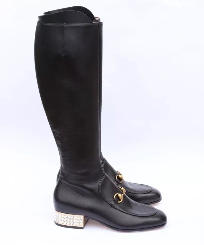 Gucci Horsebit Women's Tall Crystal Heel Boots Size 36-US 6 in
