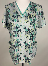 HEALING HANDS Premiere S/S Geo Print Stretch 'Amanda Scrub Top' - L, Turq Gray