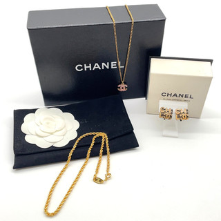 Auth Coco Mark Rhinestone Necklace 02P Earrings Set of 3 W/Box SK010479