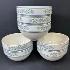 Tienshan Stoneware ‘Laurel Hearts’ Soup/Cereal Bowls, Vintage, Set of 7