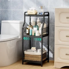 Bathroom Shelf Unit Organizer - 3 Tier Expandable Narrow Shelf, Metal Free-St...