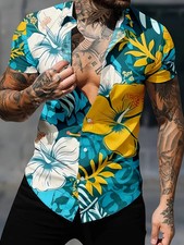 Men Hawaiian Floral Pocket Shirt Short Sleeve Button Up Summer Casual