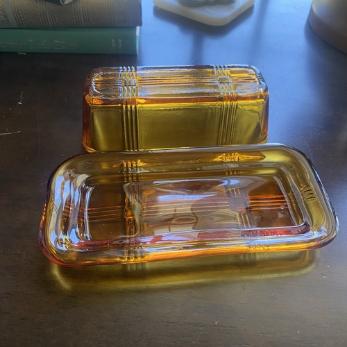 Vintage Hazel Atlas Criss Cross 1/4 LB Butter Dish Amber Glass Rare - Picture 3 of 5
