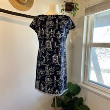 Talbots Abstract Cotton Lady Print Ruffled Blue Short Sleeve Dress Size 6 NEW
